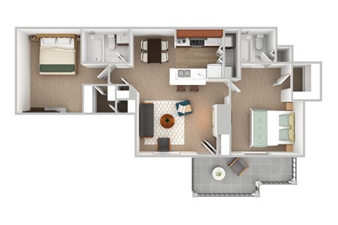 A floor plan of a small apartment with a kitchen, living room, and bedroom.